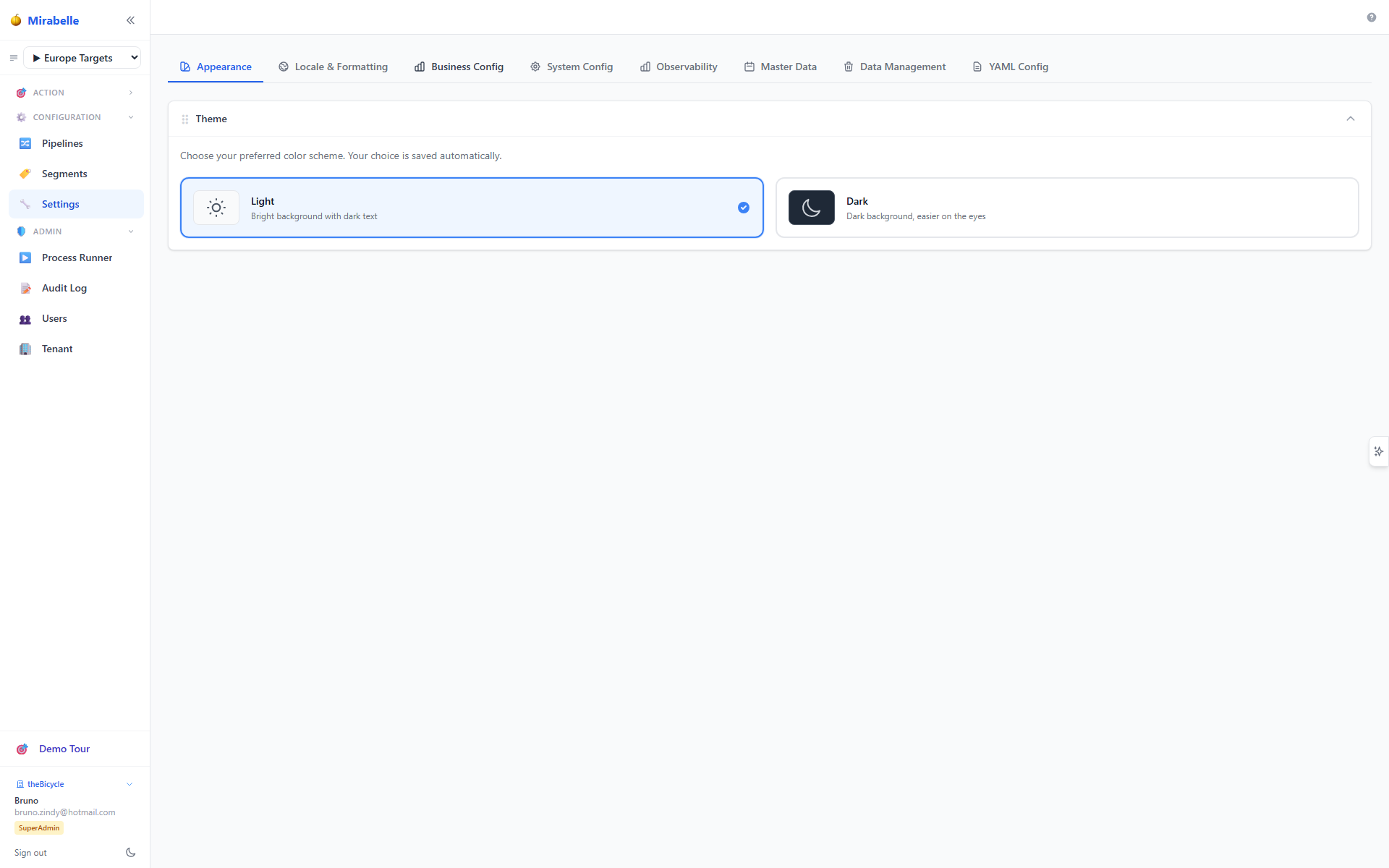 Settings screen