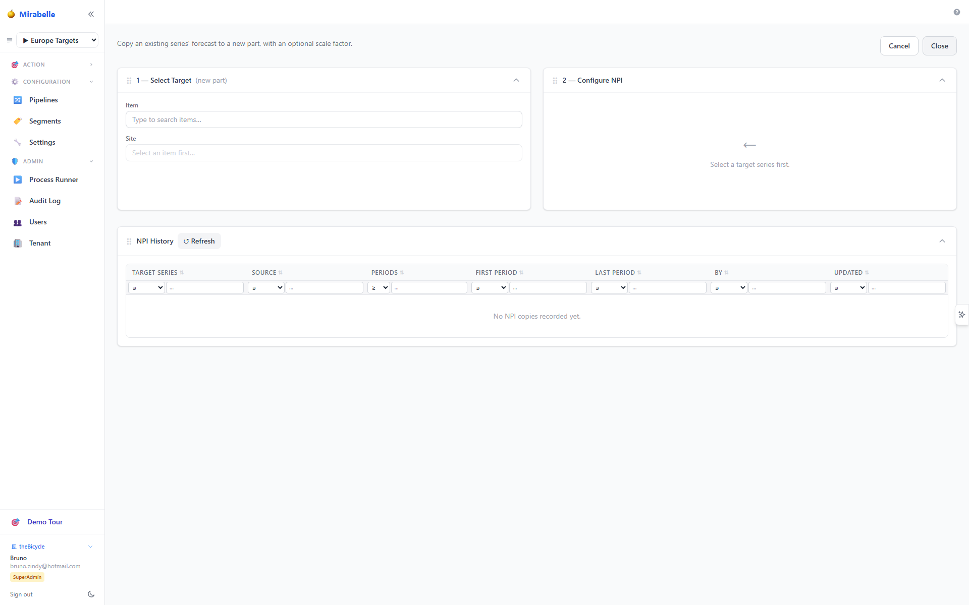 NPI Manager showing target selection, donor configuration, and history