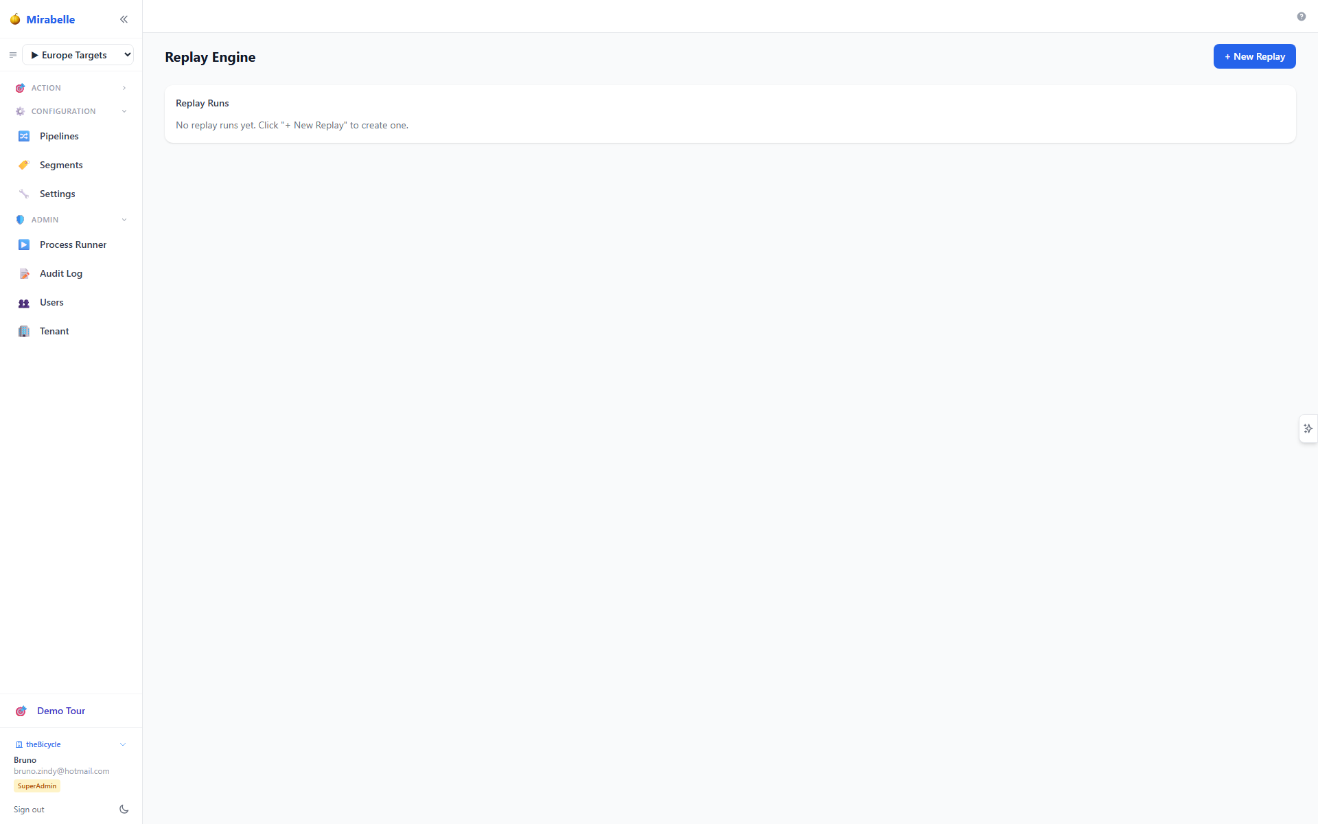 Replay Engine dashboard with the list of replay runs