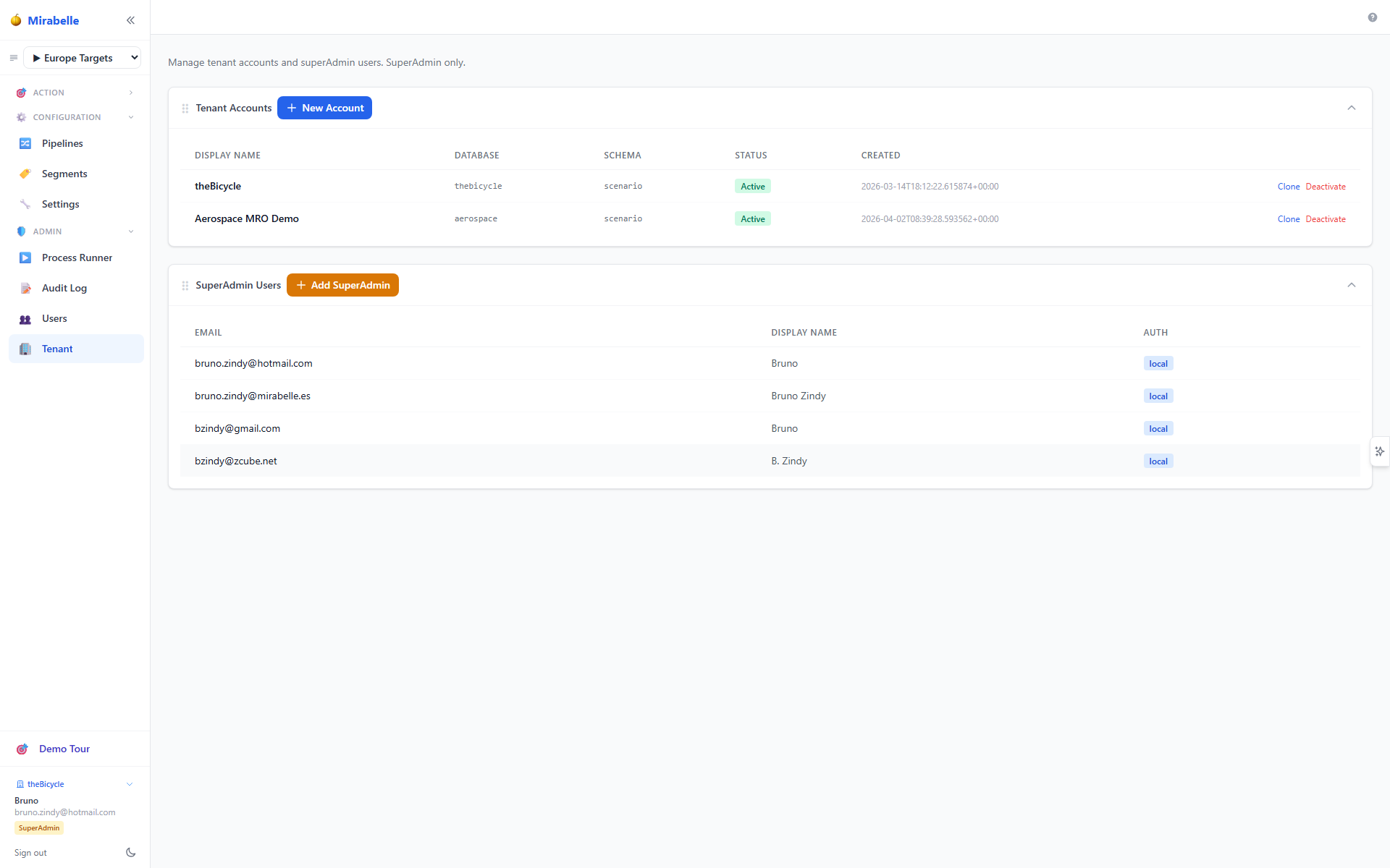 Tenant Admin panel with accounts and superAdmin users